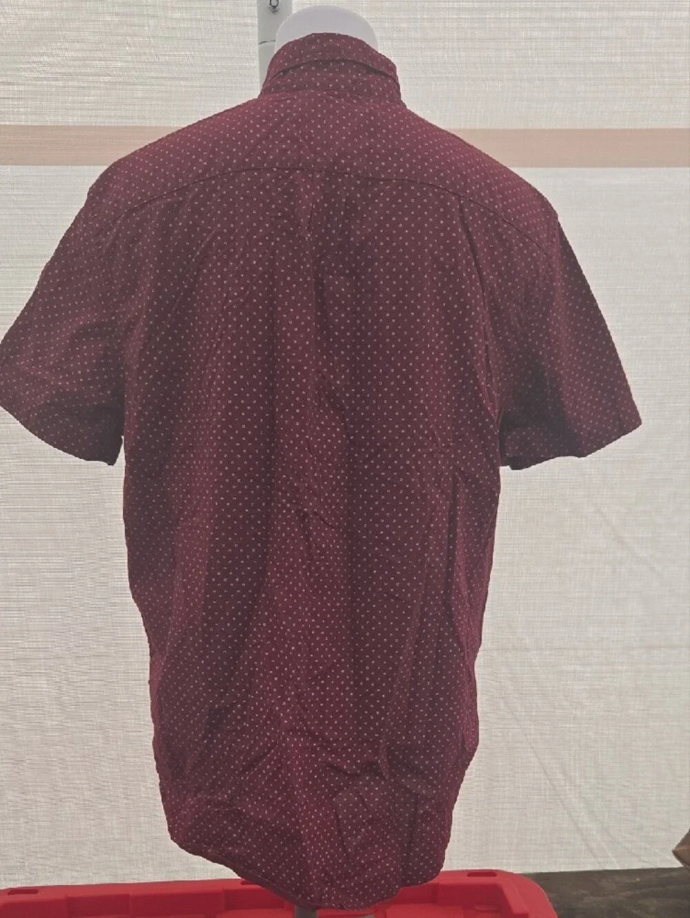 American Eagle Outfitters Burgundy Short-Sleeve Button-Down with Micro Dots